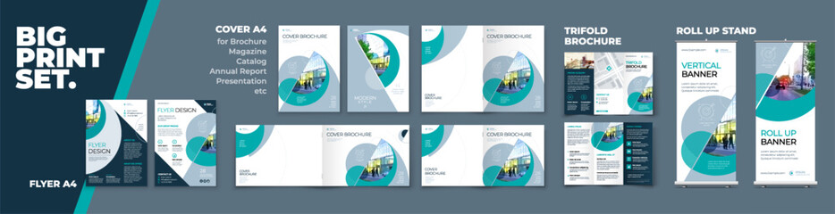 Business Brochure Cover Flyer Tri Fold Annual Report Catalog Roll Up Banner Corporate Identity Print Template Set with Teal Branding design Business Stationery background design collection. Vector
