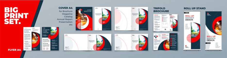 Business Brochure Cover Flyer Tri Fold Annual Report Catalog Roll Up Banner Corporate Identity Print Template Set with Red Branding design Business Stationery background design collection. Vector