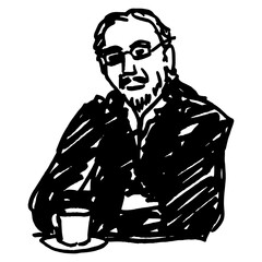 Middle aged man sitting at the table with a cup of coffee or tea. Hand drawn linear doodle rough sketch. Black silhouette on white background.