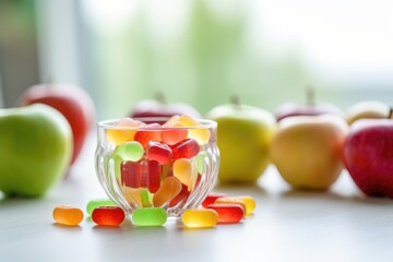 Colorful nutrition boost: Gummy supplements in a glass jar, offering chewable vitamins for a vibrant start