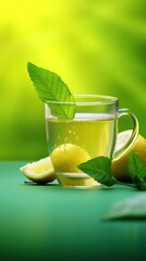 Refreshing Lemon Green Tea. Transparent cup of tea with slice of lemon and mint on vibrant green background. Healthy drink rich in vitamin C. Copy space. Vertical format. For advertising, food blog.