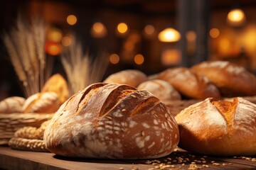 Freshly baked rye and wheat bread on a wooden table, surrounded by wheat and grains, in a cozy bakery setting. Close-up view of artisanal bread loaves. Blurred background. With copy space.