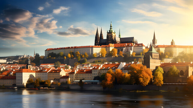 Prague Castle at sunrise, perched atop a hill overlooking the city, its historic spires and intricate architecture bathed in the warm golden light. Ai Generated.NO.03