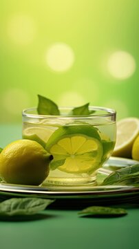 Lemon water with mint in a transparent cup on a light green background. A healthy drink, rich in vitamin C. Lemon and mint leaves. Ideal for detox. Vertical format. Copy space.