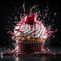 An exploding cupcake emerges from a giant cherry.