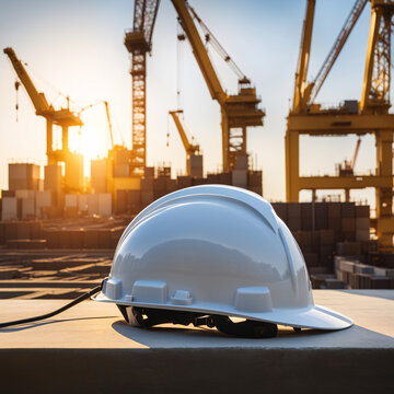Yellow safety helmet on construction site. Engineering concept