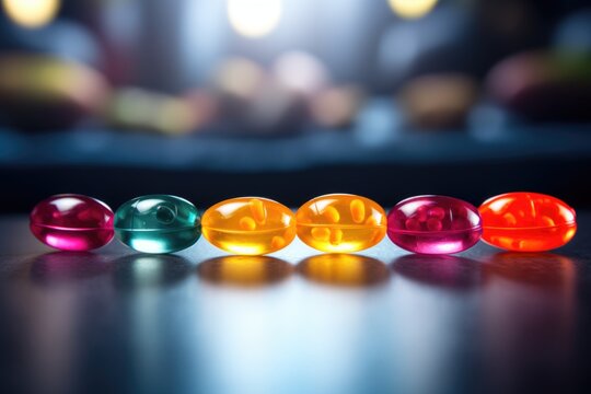 photograph of a row of colorful gummy vitamins against a blurry image of a variety of fruits --chaos 20 --ar 3:2 --v 5.2 Job ID: d1bc1a22-34e8-4439-b2bf-26f8497f2b1d