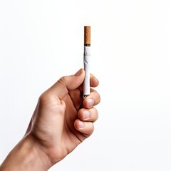 A cigarette, held vertically by a hand, isolated on a white background. - obrazy, fototapety, plakaty