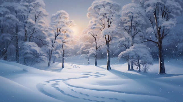 Digital oil painting of winter solstice in isolated snowy forest after snow fall. Beautifully natural winter scene, blizzard trees, snow