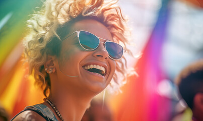 Candid happy young woman smiling celebrating gay pride LGBTQ festival