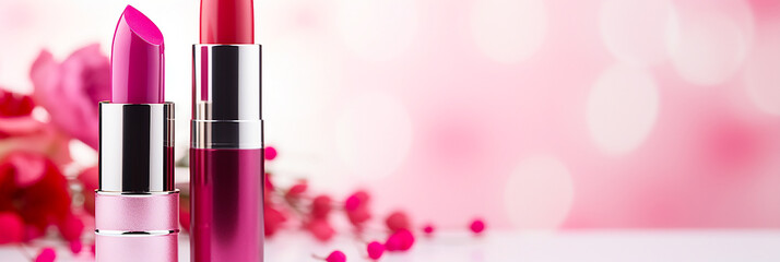 Closeup of lipstick with pink base flower and copy space. - obrazy, fototapety, plakaty