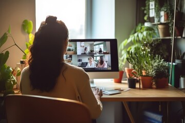 A female employee, viewed from behind, participates in a video call with colleagues, embodying the working from home concept. - obrazy, fototapety, plakaty