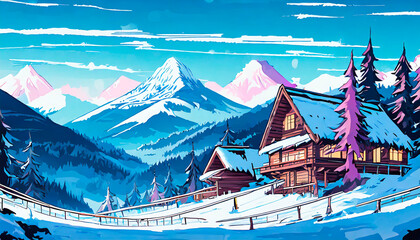 Spectacular landscape in snowy winter, small town in the middle of high mountains