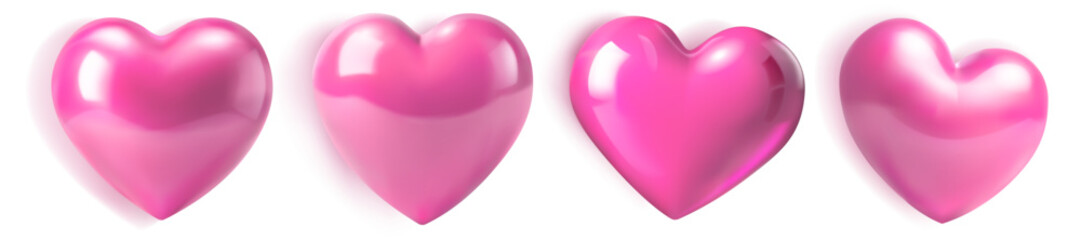 Set of beautiful pink hearts with glares and shadows on white background