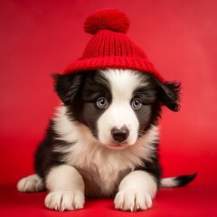 A Border Collie puppy sits comfortably adorned in a red winter hat.