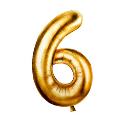 Watercolor golden foil balloon digit 6. Hand drawn birthday party number decoration isolated on white background. Shiny element for designers, prints, baby shower, postcards, wrapping p