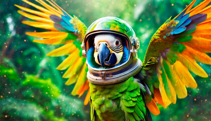 Cute colorful parrot with blurred background in the jungle with astronaut helmet