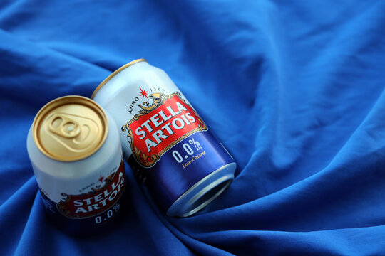 KYIV, UKRAINE - 4 MAY, 2023: Can of Stella Artois beer without alcohol and low in calories, Brewed by a Belgian brewery