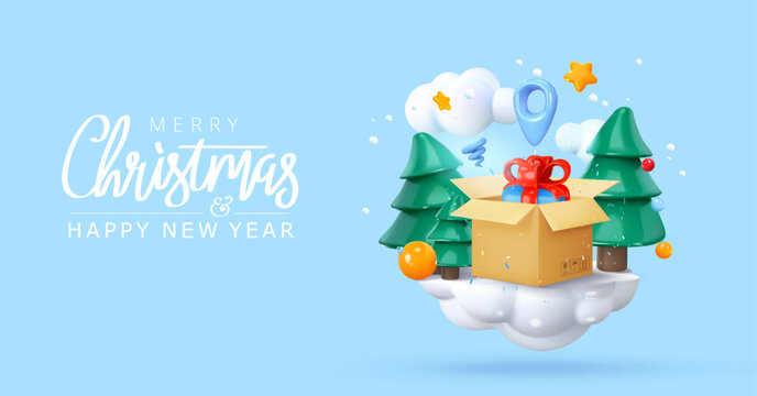 Delivery of a box with a gift. Location. New Year's composition on a snowy island podium, stand with Christmas trees. In 3D style. Vector illustration