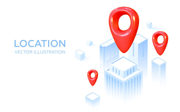3D location in the city on a white background. Red geopin. Geolocation map mark. Pin location pointer, Navigation icon. Vector illustration