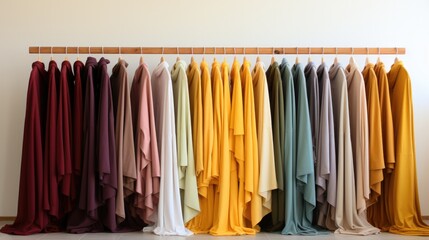 A rack of different colored dresses hanging on a wall. Generative AI.