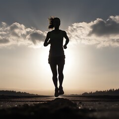 Fototapeta premium Vintage-themed photograph showcasing the silhouette of a running woman.