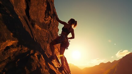 A female rock climber's silhouette set against the sunny afternoon sky.