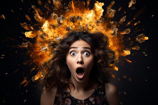 A surprised woman with an explosion on her head, isolated on a black background.