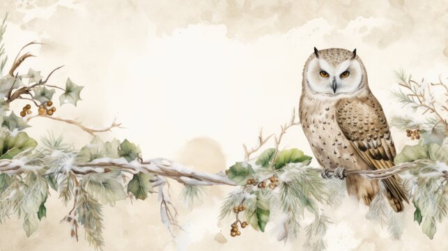 A painting of an owl sitting on a branch