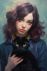 Illustrated portrait of a young woman with wavy hair and a black cat