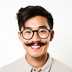 portrait of young asian male man with mustache and glasses . white background . generative ai