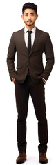 full body view of young asian male man with beard wearing business suit . white background . generative ai