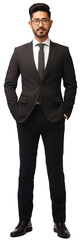 full body view of young asian male man with glasses and beard wearing business suit . white background . generative ai
