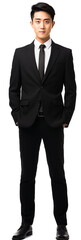 full body view of young asian male man wearing business suit . white background . generative ai