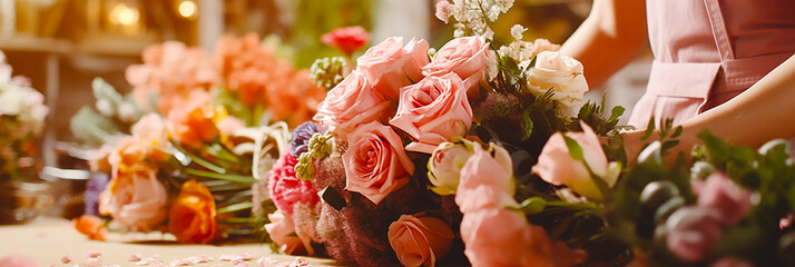 Close-up image of a florist's hand making a bouquet in a nice florist shop. - obrazy, fototapety, plakaty