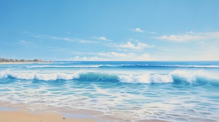 Coast of the ocean, sea. Azure surf near the shore. Yellow sand and wave. Seaside holidays, tourism