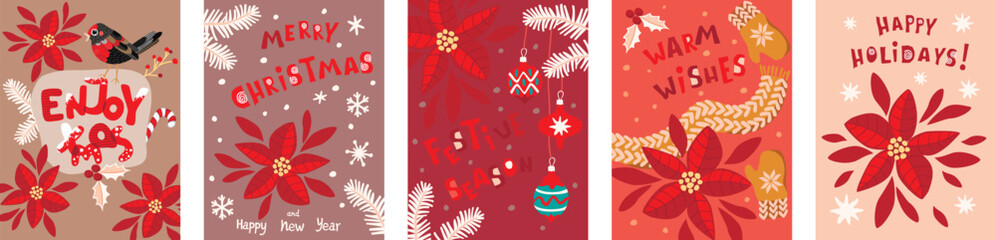 Fototapeta na wymiar Christmas collection hand drawn greeting card.Winter holidays festive backgrounds with poinsettia, holly, lettering, spruce branches, snowflakes, bird, scarf and mittens.Vector seasonal illustration.