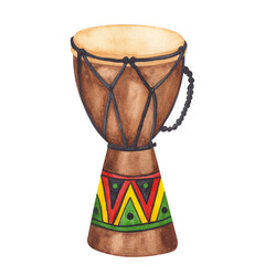 Fototapeta na wymiar African drum tam tam, djembe, Bongo, conga, musical instrument with traditional ornaments. Kwanzaa holiday. Black history month. Hand drawn watercolor illustration isolated background.