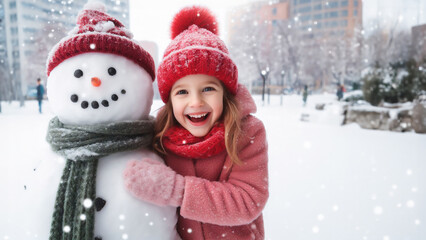 Happy child girl hugs a snowman against the backdrop of a winter snowy city square.