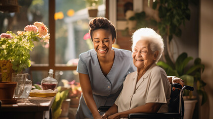 Nurse, doctor, and therapeutic companion woman with her elderly patient in a geriatric health center, accompanying the elderly