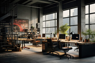Fototapeta na wymiar Urban Elegance: Cinematic Industrial Atmosphere in Modern Office with Concrete and Wood Accents