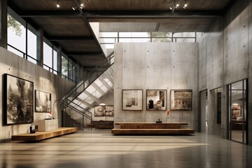 Urban Elegance: Industrial-Inspired Art Gallery with Concrete and Wood Design - obrazy, fototapety, plakaty
