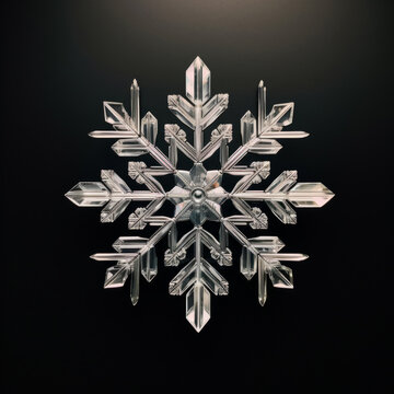 A detailed snowflake picture with crystal patterns, blue cold ligits in the background, prominently displayed against a stark, empty background