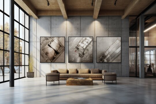 Urban Elegance: Industrial-Inspired Art Gallery with Concrete and Wood Design