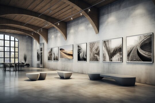 Urban Elegance: Industrial-Inspired Art Gallery with Concrete and Wood Design