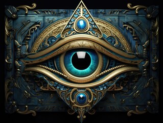 A gold and blue eye on a black background, an eye of Horus.