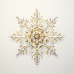 A detailed snowflake picture with crystal patterns, blue cold ligits in the background, prominently displayed against a stark, empty background