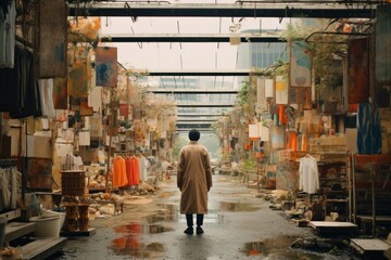 A man in a coat walking down a wet street