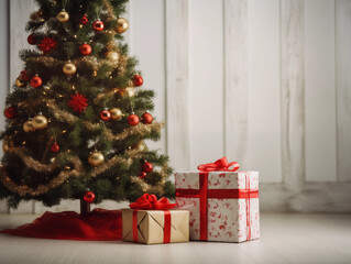 An elegant Christmas setting with a decorated Christmas tree and beautiful wrapped gifts