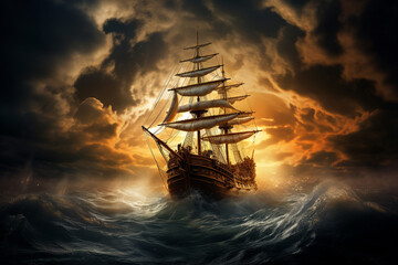 Obraz premium illustration of a sailing ship in the sea. Created with Generative AI